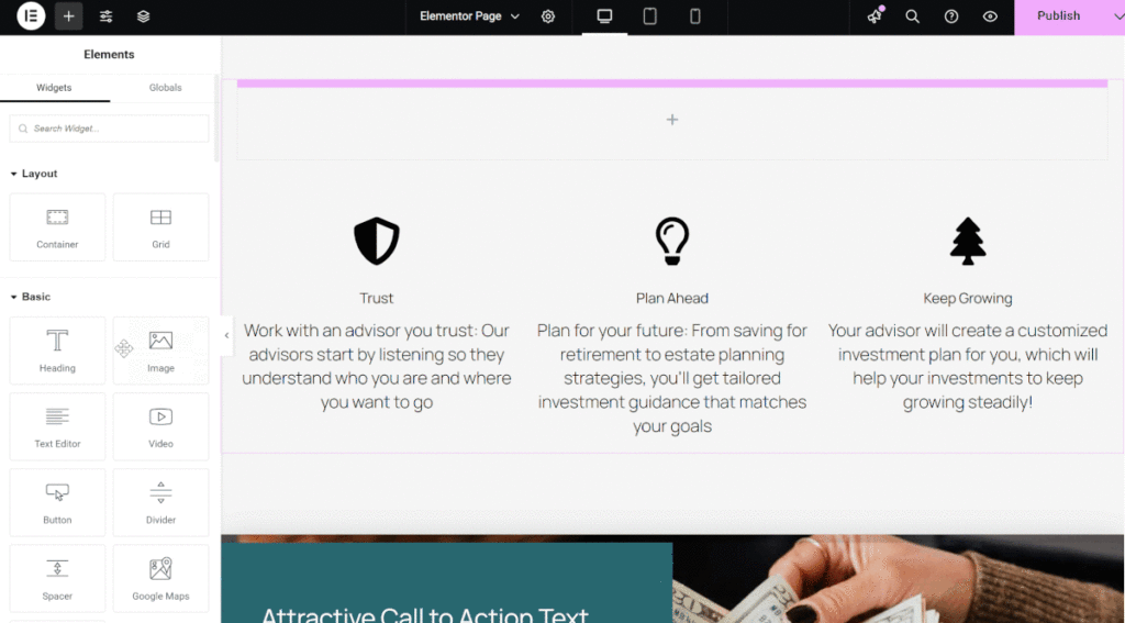 add heading widget in Elementor