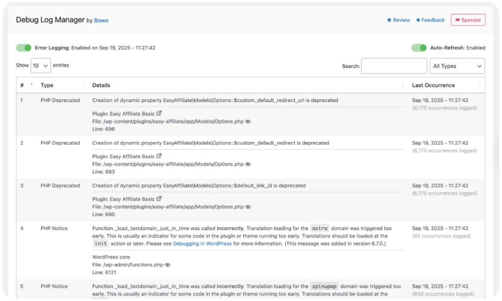 Debug Log Manager WordPress Debug Plugin Interface