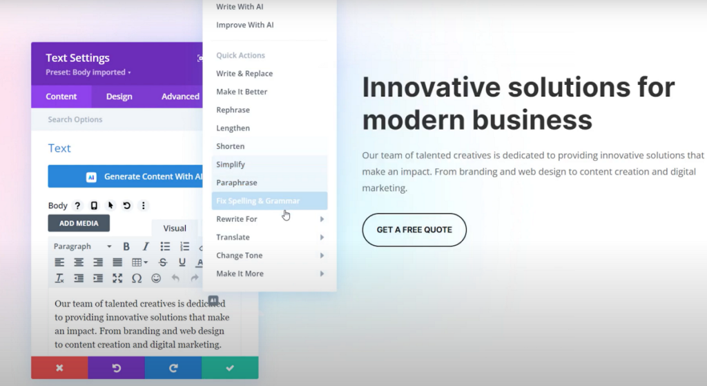 Divi AI text editing options