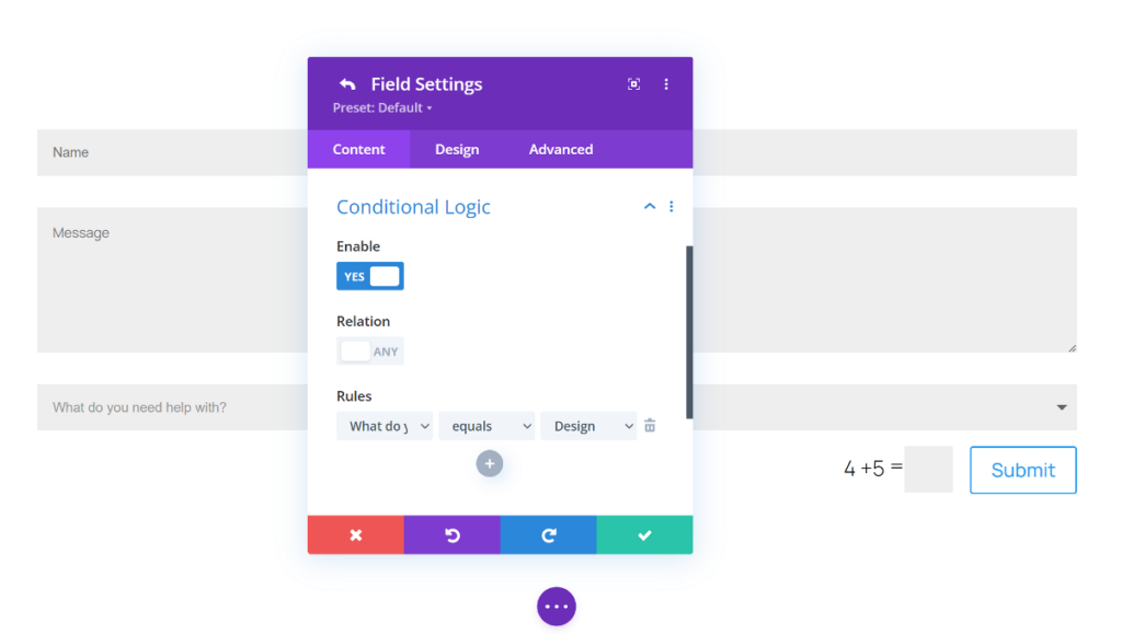 Divi Contact form conditional logic