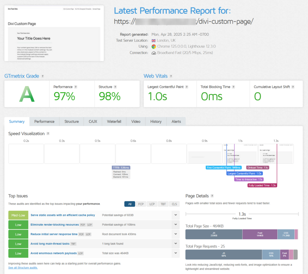 Divi custom page GTmetrix