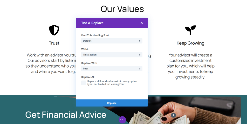 Divi find and replace feature