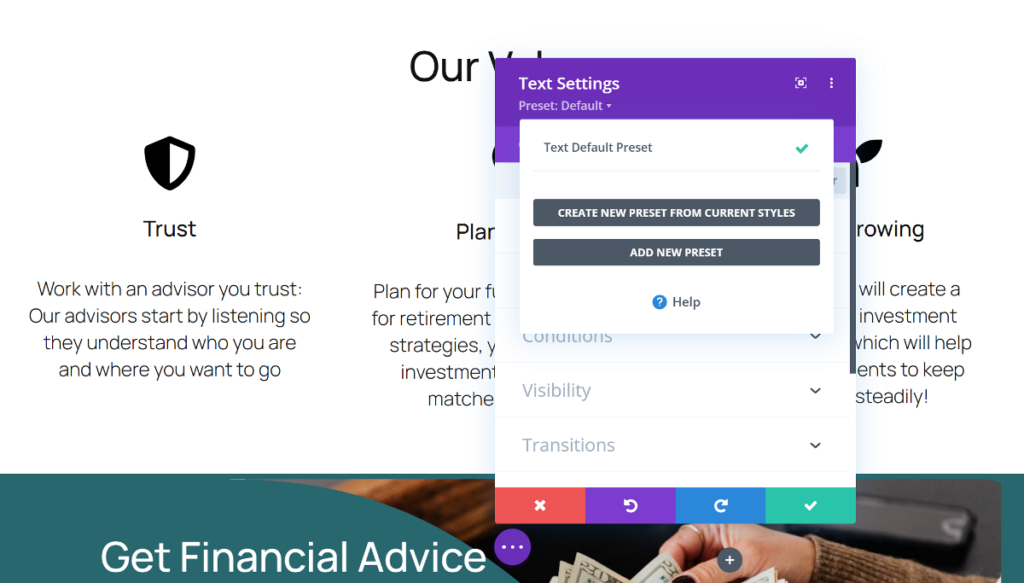 Divi style preset for modules