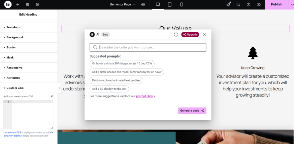Elementor AI code assistant