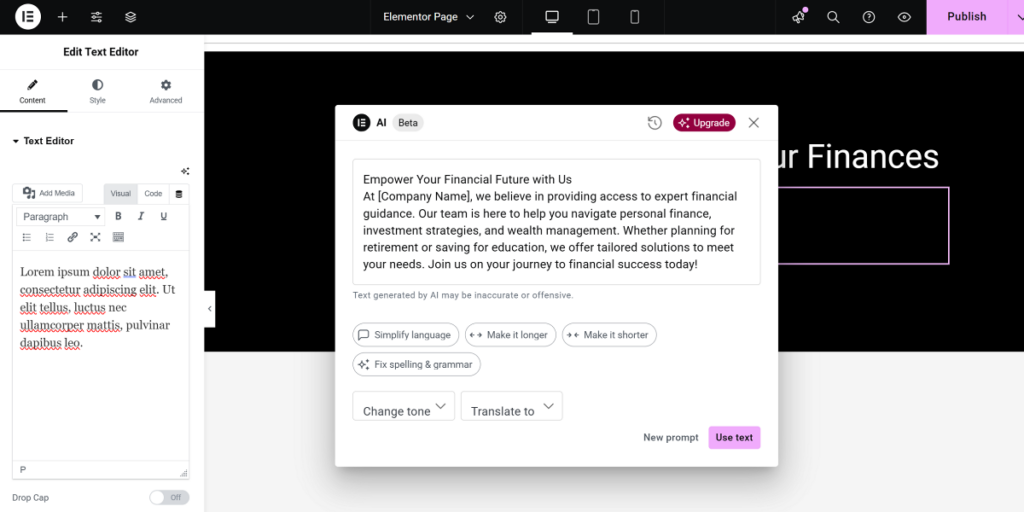 Elementor AI improve generated text options