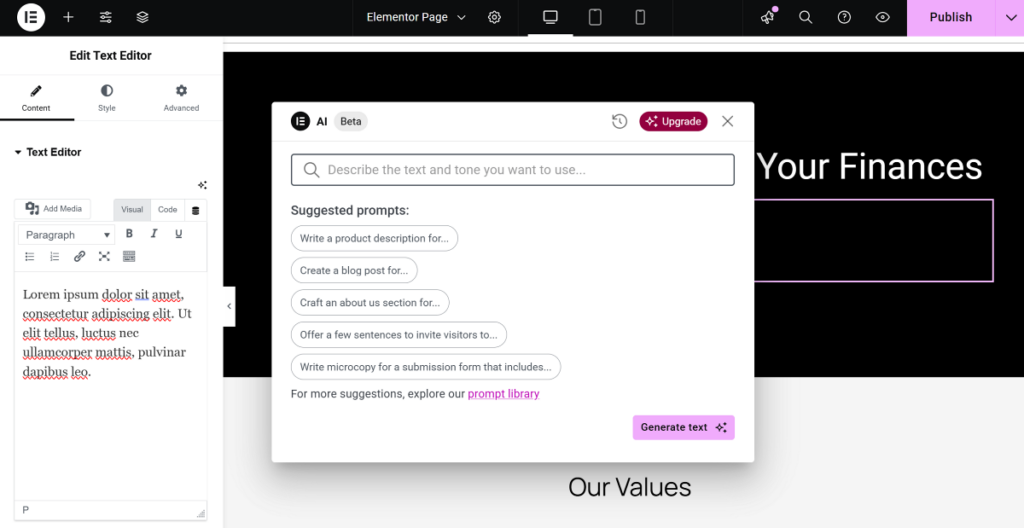 Elementor AI text assistant popup