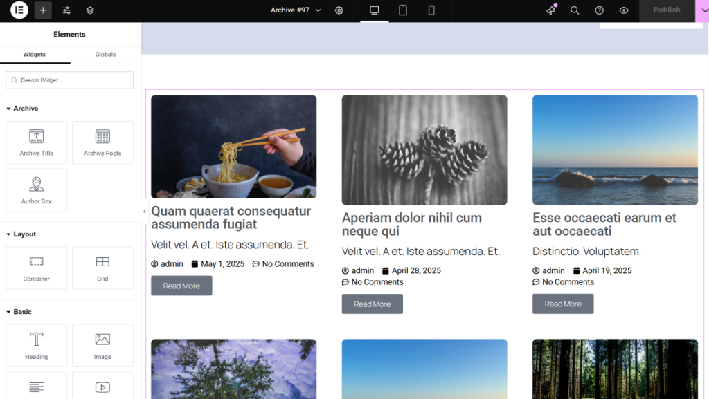 Elementor archive template editing