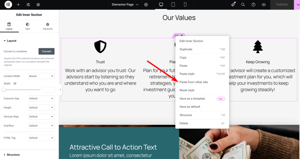 Elementor paste from another site