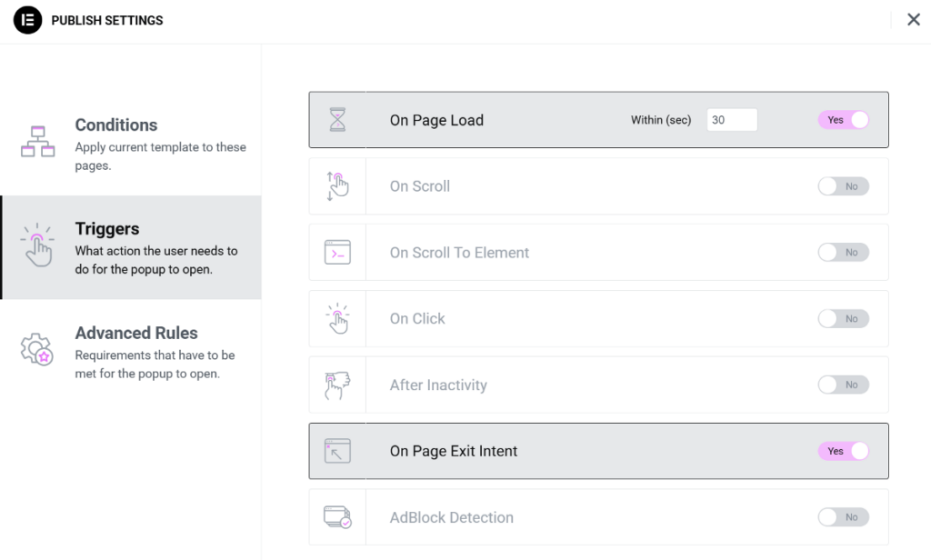 Elementor popup builder targetting options
