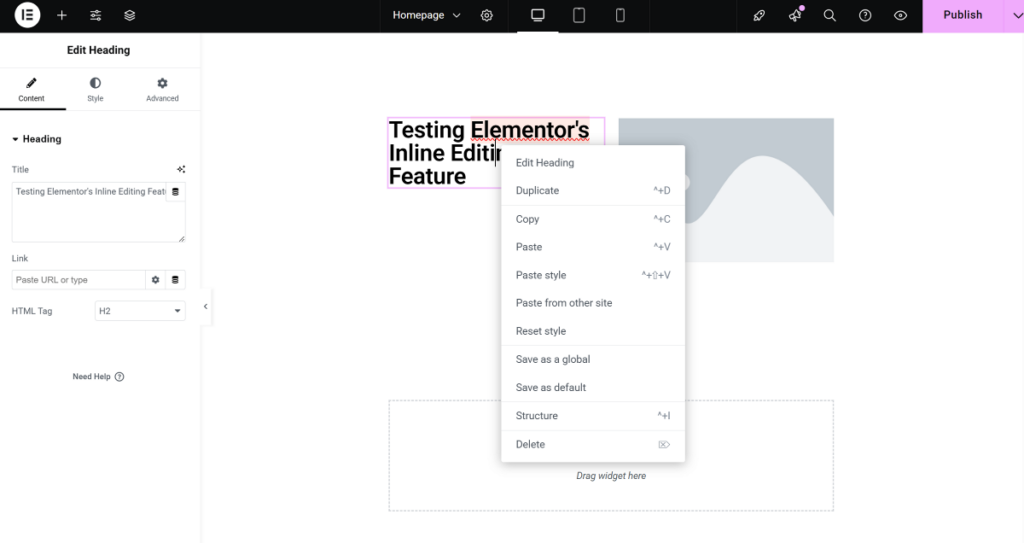 Elementor right click menu options