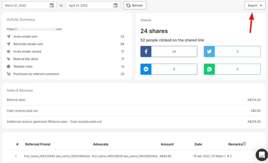 export referral report in ReferralCandy
