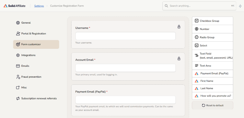 solid affiliate form customization