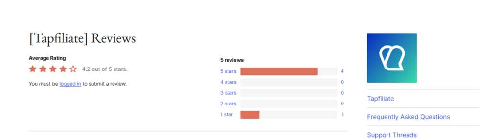 tapfiliate ratings on wordpress org