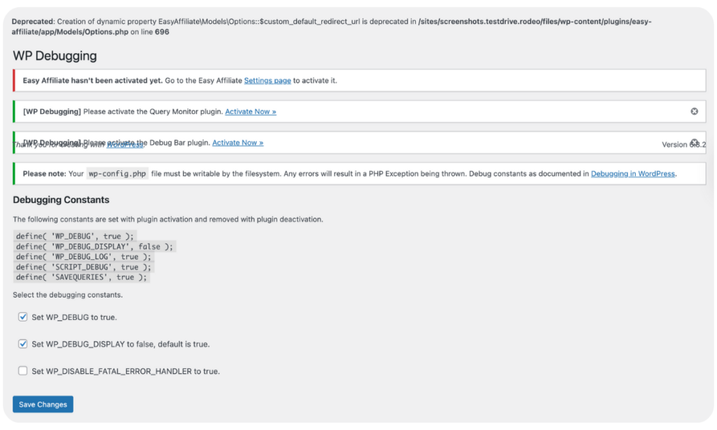 WP Debugging WordPress Debug Plugin Interface
